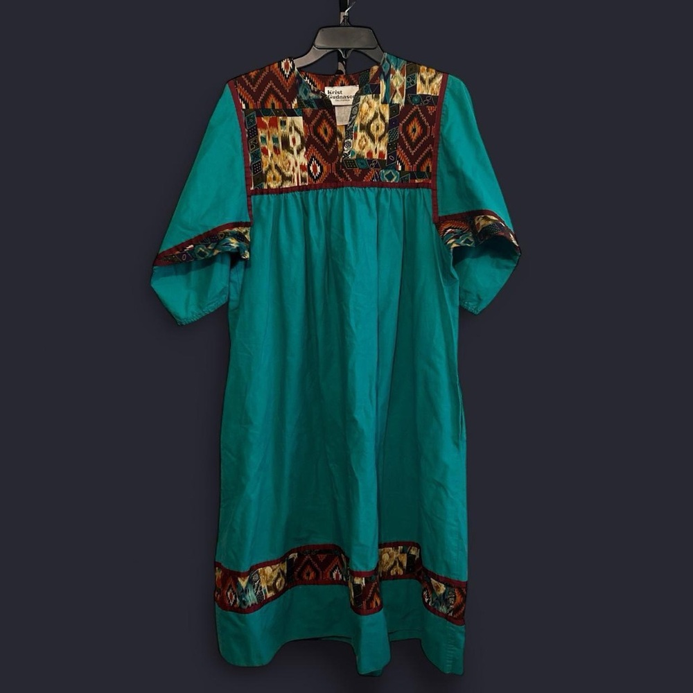 70’s 80’s Vibrant Teal colorful Aztec print mumu house patio dress vintage